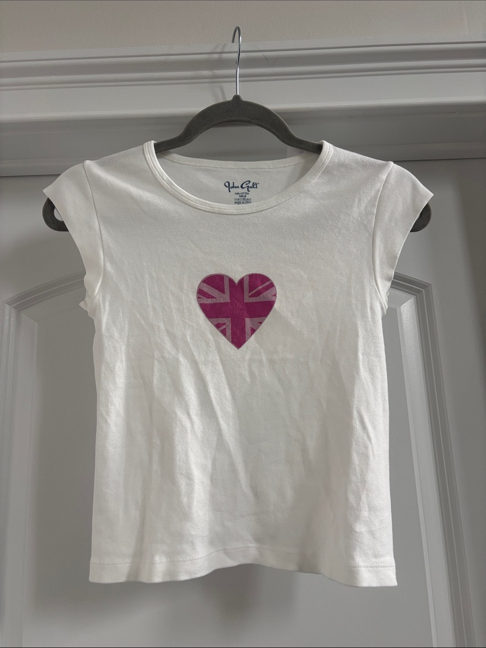 John Galt White Short-Sleeve Tee with Pink Heart Flag Graphic NWT